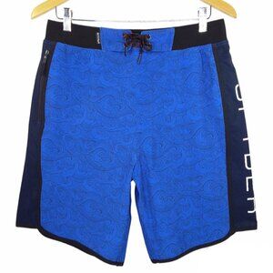 Spyder Swim Trunks Size Large Blue Black Spellout Logo Japanese Wave Pattern